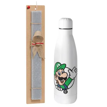 Super mario Luigi win, Πασχαλινή Λαμπάδα με μεταλλικό παγούρι θερμός ανοξείδωτο (500ml) & κερί αρωματικό πλακέ (30cm) (ΓΚΡΙ)