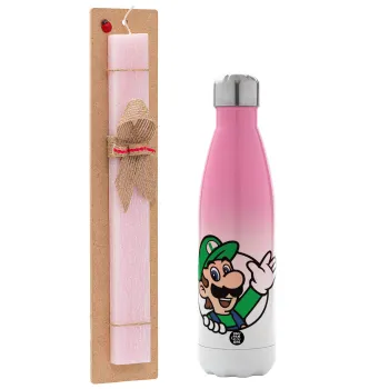 Super mario Luigi win, Πασχαλινή Λαμπάδα με Μεταλλικό παγούρι θερμός Ροζ/Λευκό (Stainless steel), διπλού τοιχώματος, 500ml & κερί αρωματικό πλακέ (30cm) (ΡΟΖ)