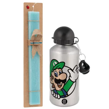 Super mario Luigi win, Easter Set, metallic silver aluminum water bottle (500ml) & scented flat Easter candle (30cm) (TURQUOISE)