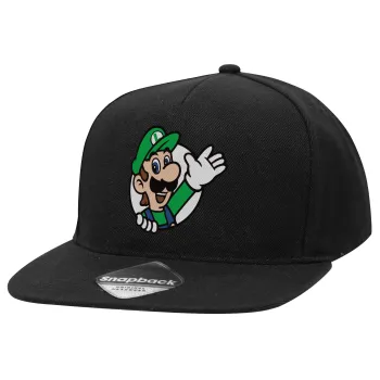 Super mario Luigi win, Adult Flat Snapback Hat Black, (100% COTTON TWILL, ADULT, UNISEX, ONE SIZE)