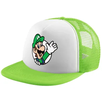 Super mario Luigi win, Adult Soft Trucker Hat with Mesh GREEN/WHITE (POLYESTER, ADULT, ONE SIZE)