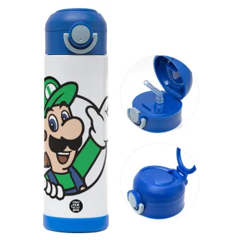 Super mario Luigi win, Παιδικό παγούρι θερμό, ανοξείδωτο, με καλαμάκι ασφαλείας, ΜΠΛΕ (500ml)