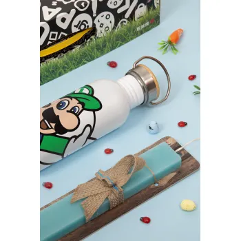 Super mario Luigi win, Easter Set, metallic silver aluminum water bottle (500ml) & scented flat Easter candle (30cm) (TURQUOISE)