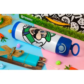 Super mario Luigi win, Easter candle, Childrens hot water bottle, stainless steel, with safety straw, BLUE (500ml)