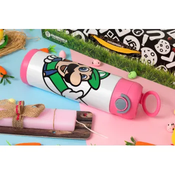 Super mario Luigi win, Easter candle, Childrens hot water bottle, stainless steel, with safety straw, PINK (500ml)
