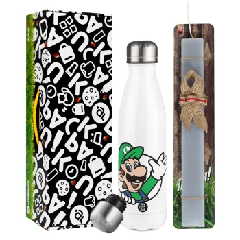 Super mario Luigi win, Easter candle, metallic white thermos bottle (500ml) & aromatic flat candle (30cm) (GRAY)