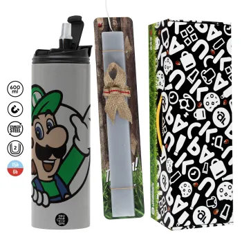 Super mario Luigi win, Easter candle with Grey Tumbler Thermo 600ml & aromatic flat candle (30cm) (GREY)