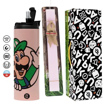 Super mario Luigi win, Easter candle,Travel Tumbler 2 Lids, with metal straw & cleaning brush & aromatic flat candle (30cm) (PINK)