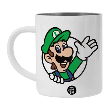 Super mario Luigi win, Λευκή Ανοξείδωτη Μεταλλική Κούπα 450ml - Διπλού Τοιχώματος 