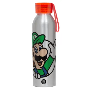 Super mario Luigi win, Αλουμινένιο Αθλητικό Μπουκάλι 650ml – Ασημί με Κόκκινο Καπάκι και Λουράκι Σιλικόνης