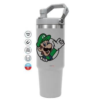 Super mario Luigi win, ΓΚΡΙ χρώματος Θερμός Ανοξείδωτο 890ml (30oz) με χερούλι
