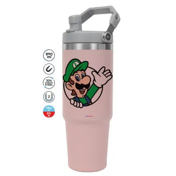 Super mario Luigi win, ΡΟΖ χρώματος Θερμός Ανοξείδωτο 890ml (30oz) με χερούλι