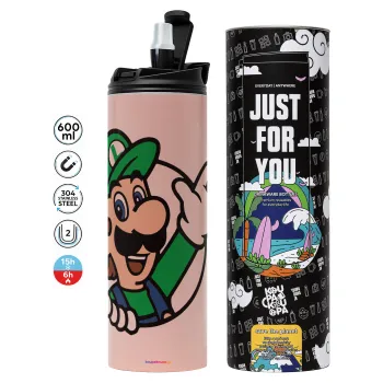 Super mario Luigi win — Tumbler ποτήρι θερμό ΡΟΖ από ανοξείδωτο ατσάλι 600ml