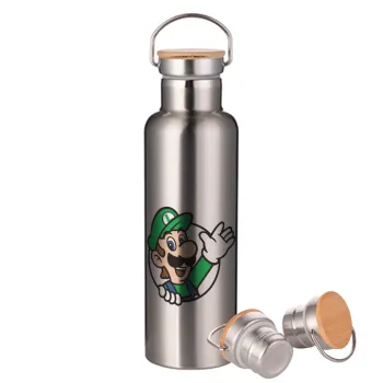 Super mario Luigi win, Stainless steel Silver with wooden lid (bamboo), double wall, 750ml