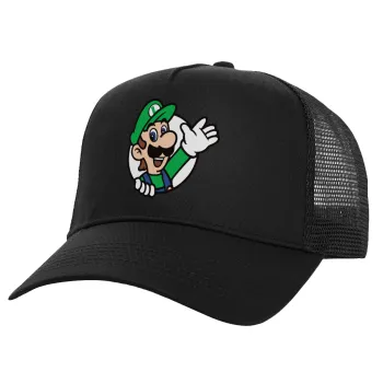 Super mario Luigi win, Structured Trucker Adult Hat, with Mesh, Black (100% COTTON, ADULT, UNISEX, ONE SIZE)
