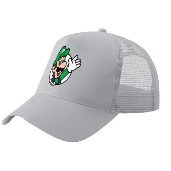 Super mario Luigi win, Καπέλο Trucker με Δίχτυ, ΓΚΡΙ, (ΒΑΜΒΑΚΕΡΟ, ΠΑΙΔΙΚΟ, UNISEX, ONE SIZE)