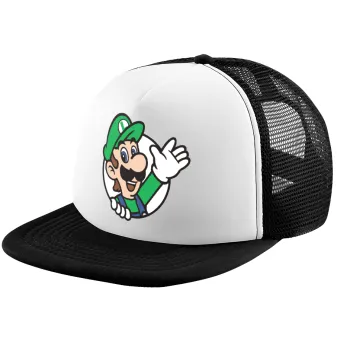 Super mario Luigi win, Καπέλο παιδικό Soft Trucker με Δίχτυ ΜΑΥΡΟ/ΛΕΥΚΟ (POLYESTER, ΠΑΙΔΙΚΟ, ONE SIZE)