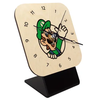 Super mario Luigi win, Quartz Table clock in natural wood (10cm)