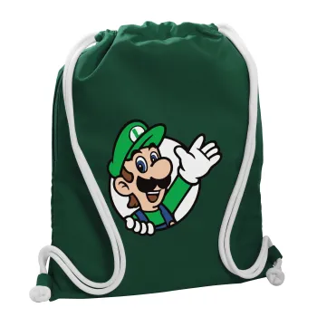 Super mario Luigi win, Backpack pouch GYMBAG BOTTLE GREEN, with pocket (40x48cm) & thick white cords