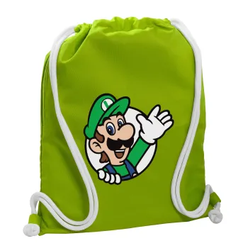 Super mario Luigi win, Backpack bag GYMBAG LIME GREEN, with pocket (40x48cm) & thick cords
