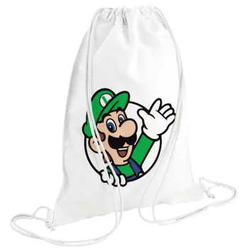 Super mario Luigi win, Τσάντα πλάτης πουγκί GYMBAG λευκή (28x40cm)