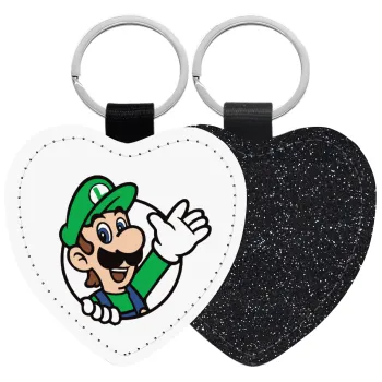 Super mario Luigi win, Μπρελόκ PU δερμάτινο glitter καρδιά ΜΑΥΡΟ