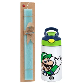 Super mario Luigi win, Easter Set, Children's thermal stainless steel bottle with safety straw, green/blue (350ml) & aromatic flat Easter candle (30cm) (TURQUOISE)