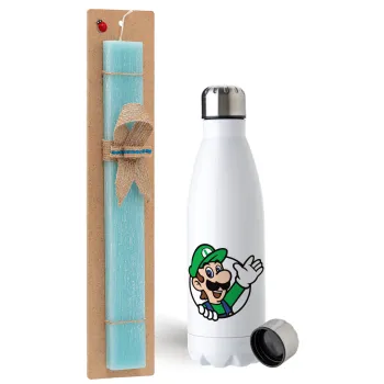 Super mario Luigi win, Easter Set, metallic stainless steel water bottle (750ml) & aromatic flat Easter candle (30cm) (TURQUOISE)
