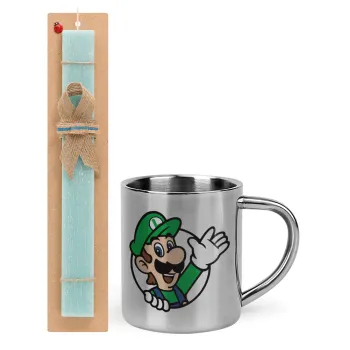 Super mario Luigi win, Πασχαλινή Λαμπάδα με μεταλλική κούπα θερμό (300ml) & κερί αρωματικό πλακέ (30cm) (ΤΙΡΚΟΥΑΖ)