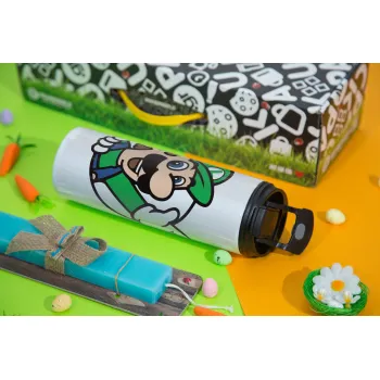 Super mario Luigi win, Πασχαλινή Λαμπάδα με Travel Tumbler θερμό με διπλό καπάκι (600ml, BPA free) & κερί αρωματικό πλακέ (30cm) (ΤΙΡΚΟΥΑΖ)