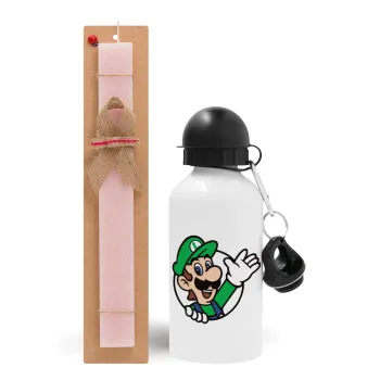 Super mario Luigi win, Easter Set, metallic aluminum bottle (500ml) & aromatic flat Easter candle (30cm) (PINK)