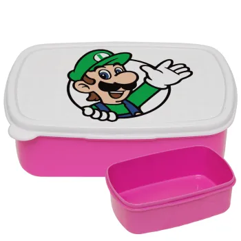 Super mario Luigi win, ΡΟΖ παιδικό δοχείο φαγητού (lunchbox) πλαστικό (BPA-FREE) Lunch Βox M18 x Π13 x Υ6cm
