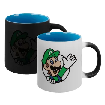 Super mario Luigi win, Κούπα Μαγική εσωτερικό μπλε, κεραμική 330ml που αλλάζει χρώμα με το ζεστό ρόφημα
