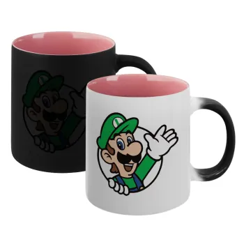 Super mario Luigi win, Κούπα Μαγική εσωτερικό ΡΟΖ, κεραμική 330ml που αλλάζει χρώμα με το ζεστό ρόφημα