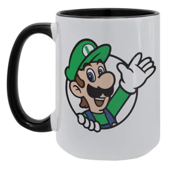 Super mario Luigi win, Κούπα Mega 15oz, κεραμική Μαύρη, 450ml