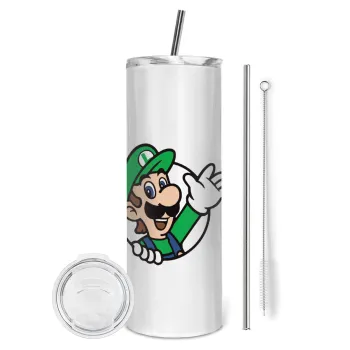 Super mario Luigi win, Tumbler ποτήρι θερμό από ανοξείδωτο ατσάλι 600ml, με μεταλλικό καλαμάκι & βούρτσα καθαρισμού