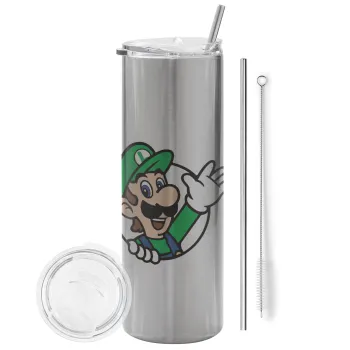 Super mario Luigi win, Tumbler ποτήρι θερμό Ασημένιο από ανοξείδωτο ατσάλι 600ml, με μεταλλικό καλαμάκι & βούρτσα καθαρισμού