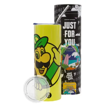 Super mario Luigi win, Neon Yellow Travel Tumbler θερμό, μεταλλικό καλαμάκι(Ανωξείδωτο 304 Food grade, BPA free, 600ml)