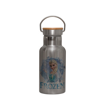 Frozen Elsa, Μεταλλικό παγούρι θερμός (Stainless steel) Ασημένιο με ξύλινο καπακι (bamboo), διπλού τοιχώματος, 350ml