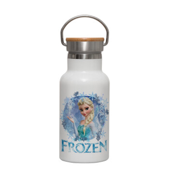 Frozen Elsa, Μεταλλικό παγούρι θερμός (Stainless steel) Λευκό με ξύλινο καπακι (bamboo), διπλού τοιχώματος, 350ml
