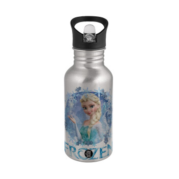 Frozen Elsa, Water bottle Silver with straw, stainless steel 500ml