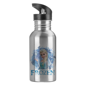 Frozen Elsa, Παγούρι νερού Ασημένιο με καλαμάκι, ανοξείδωτο ατσάλι 600ml