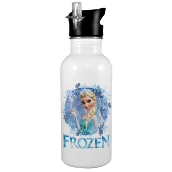 Frozen Elsa, Παγούρι νερού Λευκό με καλαμάκι, ανοξείδωτο ατσάλι 600ml