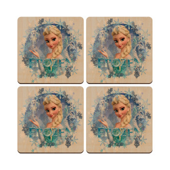 Frozen Elsa, ΣΕΤ x4 Σουβέρ ξύλινα τετράγωνα plywood (9cm)