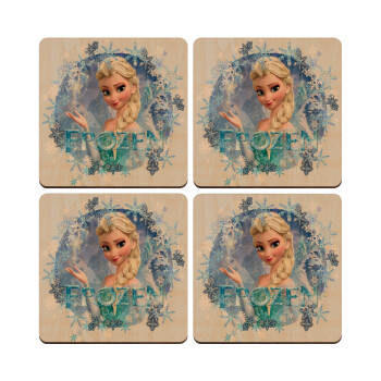 Frozen Elsa, ΣΕΤ x4 Σουβέρ ξύλινα τετράγωνα plywood (9cm)