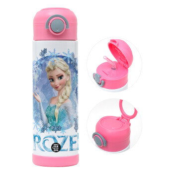 Frozen Elsa, Παιδικό παγούρι θερμό, ανοξείδωτο, με καλαμάκι ασφαλείας, ΡΟΖ (500ml)