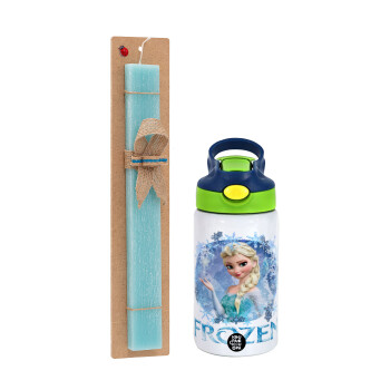 Frozen Elsa, Πασχαλινό Σετ, Παιδικό παγούρι θερμό, ανοξείδωτο, με καλαμάκι ασφαλείας, πράσινο/μπλε (350ml) & πασχαλινή λαμπάδα αρωματική πλακέ (30cm) (ΤΙΡΚΟΥΑΖ)