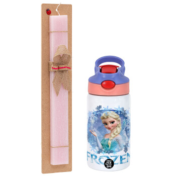 Frozen Elsa, Πασχαλινό Σετ, Παιδικό παγούρι θερμό, ανοξείδωτο, με καλαμάκι ασφαλείας, ροζ/μωβ (350ml) & πασχαλινή λαμπάδα αρωματική πλακέ (30cm) (ΡΟΖ)