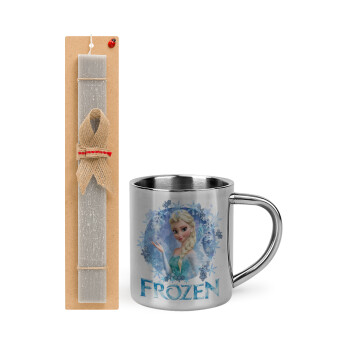 Frozen Elsa, Πασχαλινό Σετ, μεταλλική κούπα θερμό (300ml) & πασχαλινή λαμπάδα αρωματική πλακέ (30cm) (ΓΚΡΙ)