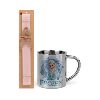 Frozen Elsa, Πασχαλινό Σετ, μεταλλική κούπα θερμό (300ml) & πασχαλινή λαμπάδα αρωματική πλακέ (30cm) (ΡΟΖ)